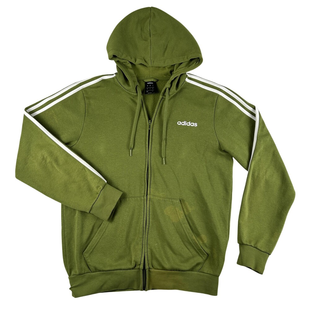 Adidas Hoodie Mens Medium Green Full Zip Fleece Sweatshirt 3 Stripe Logo FLAWS